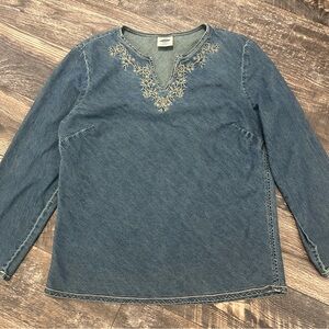 Embroidered Denim Long Sleeve Top 100% Cotton Wide Sleeve Women’s Large